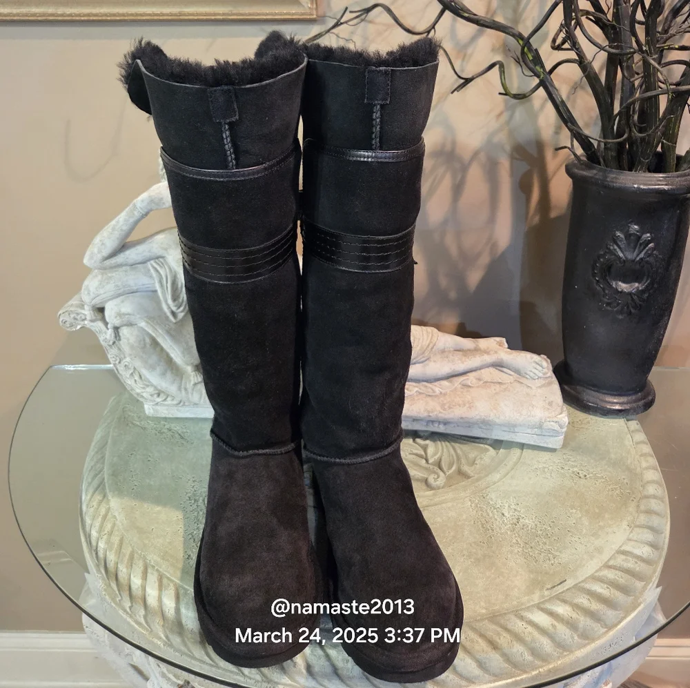 Ugg Genevieve Over The Knee Boots Suede Leather Fur Bows Designer Luxury #159
